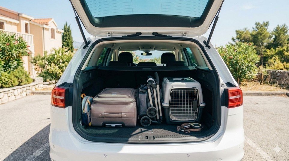 Esempio di bagagliaio auto organizzato per un viaggio in famiglia con valigie e passeggino