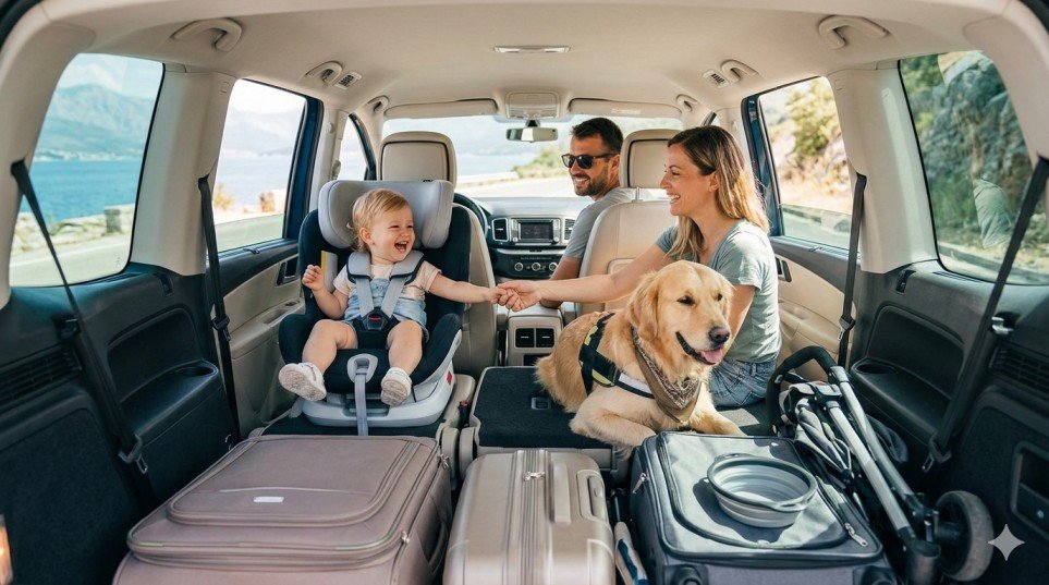 Famiglia felice con cane e bambini che viaggia in auto per una vacanza pet-friendly in Europa