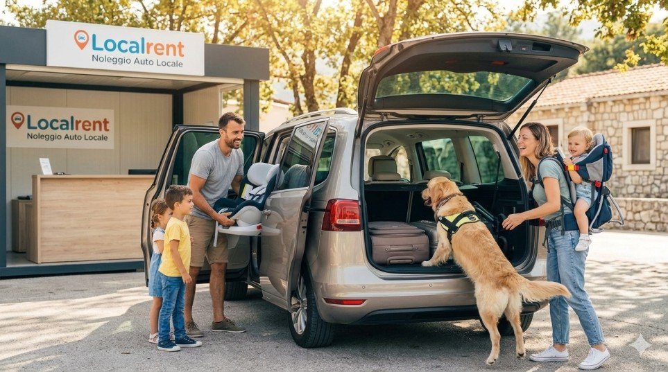 Famiglia felice con cane che parte per un viaggio on the road in Europa con auto a noleggio