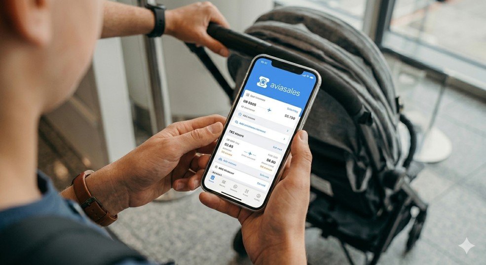 Primo piano di una mano di un genitore che tiene uno smartphone con l'app di Aviasales aperta che mostra i risultati della ricerca voli, vicino a un passeggino da viaggio piegato. L'immagine evidenzia la tecnologia e la preparazione pratica per i viaggi in famiglia
