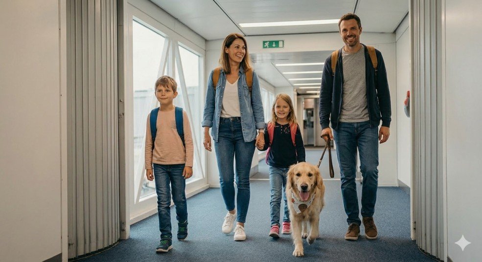 L'intera famiglia (due adulti, due bambini e il Golden Retriever al guinzaglio) cammina sorridente lungo il corridoio dell'aereo verso l'uscita dopo l'atterraggio, simboleggiando un viaggio di successo