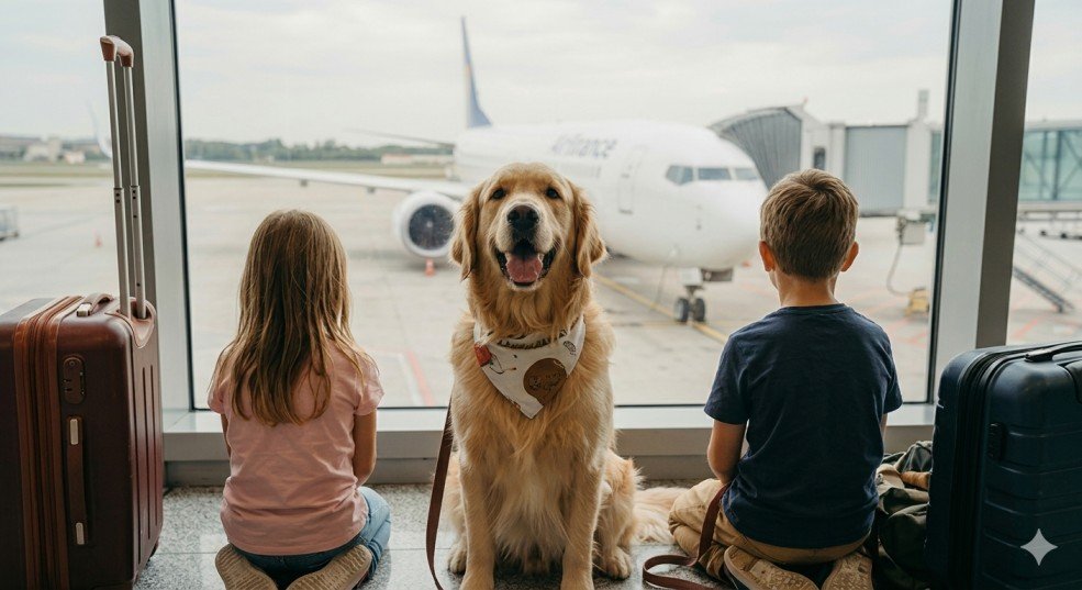 Un Golden Retriever con bandana da viaggio siede accanto a due bambini (una bambina e un bambino) guardando fuori dalla finestra dell'aeroporto verso un aereo, circondato da valigie. L'immagine trasmette l'eccitazione e la preparazione per il viaggio con animali.