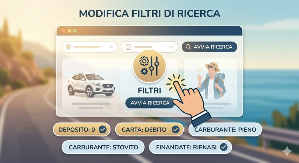 Grafica informativa che mostra un'anteprima simulata della piattaforma Localrent con un cursore che punta sul pulsante "Filtri" (sliders e ingranaggi), evidenziando l'avvio della ricerca di auto.