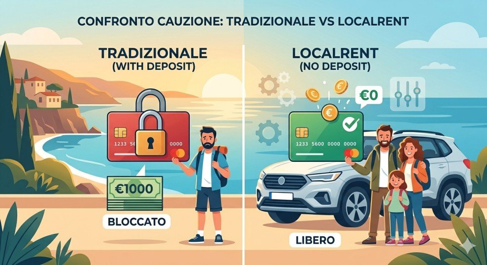 Illustrazione comparativa tra noleggio auto tradizionale con alto deposito cauzionale bloccato su carta di credito e noleggio Localrent con deposito zero, rappresentato da icone di carte e monete libere.