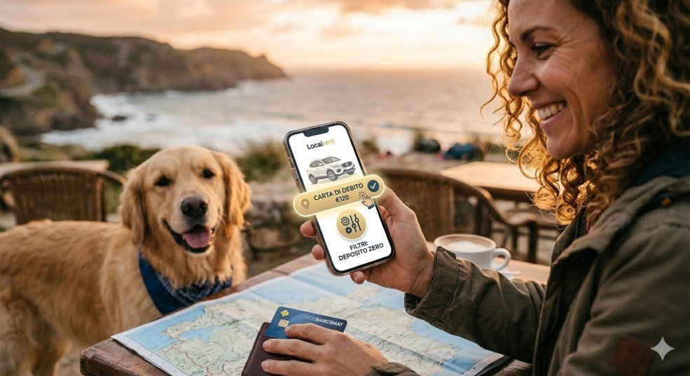 Primo piano di una mano che utilizza uno smartphone per completare una prenotazione auto su Localrent, con l'opzione "Carta di Debito" (Pagobancomat) selezionata e un'icona "Cauzione Zero" ben visibile sullo schermo.
