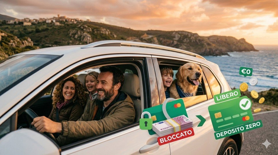 Illustrazione principale per blog: una famiglia sorridente (coppia, due bambini e cane) si gode un viaggio on the road su un'auto a noleggio lungo una costa mediterranea al tramonto. Accanto all'auto, un'icona stilizzata di una carta di credito con un lucchetto aperto e la scritta 'DEPOSITO ZERO' in verde.