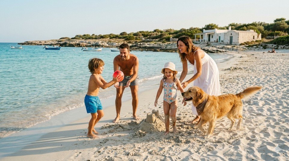 Una famiglia felice con due bambini e un cane gioca sulla sabbia bianca e nell'acqua turchese di una spiaggia a Torre Lapillo, Salento, Puglia. Copertina guida viaggi famiglia.