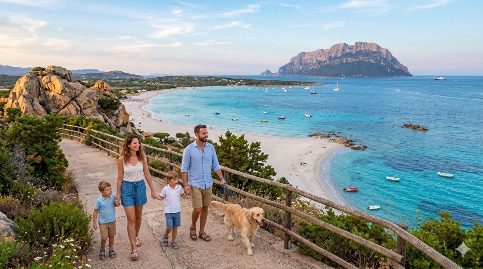 Una famiglia felice di quattro persone (coppia con due bambini) e un Golden Retriever al guinzaglio camminano su un sentiero panoramico con vista mozzafiato sulla spiaggia di La Cinta e l'isola di Tavolara in Sardegna durante l'ora d'oro.