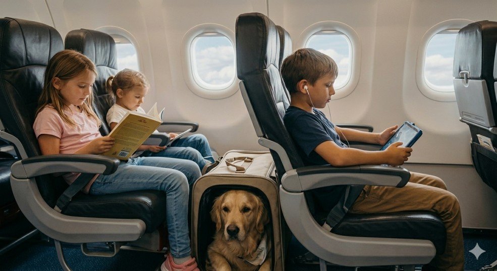 I due bambini e il Golden Retriever sono seduti comodamente sui loro sedili in aereo durante il volo. La bambina legge, il bambino usa un tablet con cuffie e il cane è calmo nel suo trasportino aperto sotto il sedile, dimostrando un viaggio sereno e confortevole.